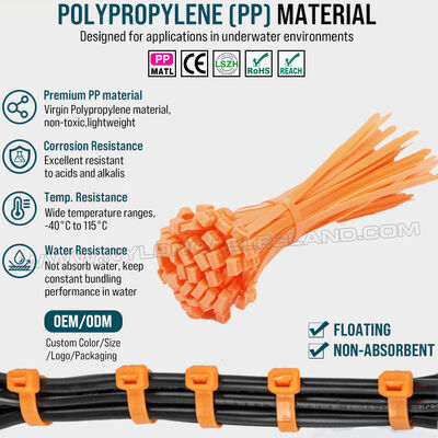 Waterproof Orange Polypropylene (PP) Cable Tie 3.6x200mm, Excellent Resistance to Chemical, Acid & Alkali, For Aquaculture Industry