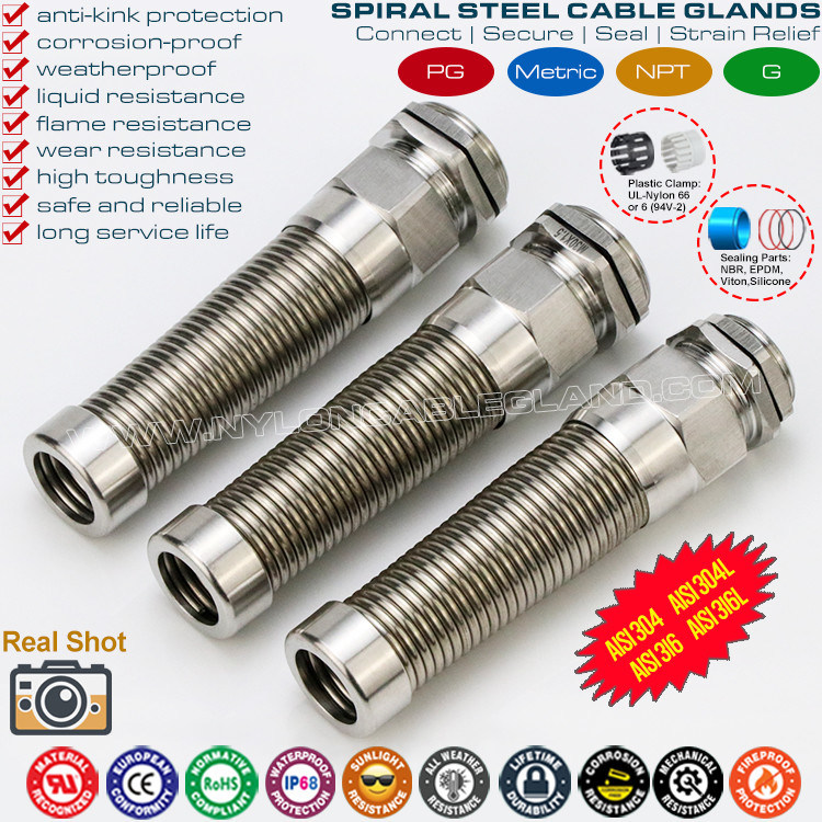 AISI 316L, AISI 316, AISI 304 Stainless Steel Metal PG Flexible Cable Gland (IP68) with Additional Spiral Strain Relief,