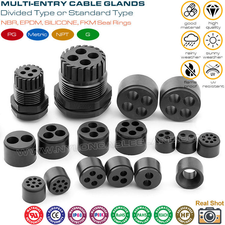 Multi-hole (Multi-Entry) Plastic IP68 Cable Glands with PG & Metric Threads for Electrical Encloures