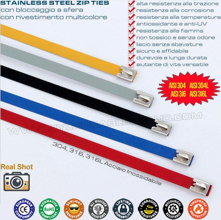 Epoxy Coated Metal Cable Ties, 316L, 316 or 304 Polyester Coated Stainless Steel Ball-locking Cable Zip Ties for Outdoor