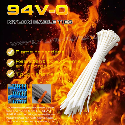 بند کابل نایلونی 94V-0 6.6، 150x3.6 میلی‌متر، بست کمربندی پلی‌آمید 6.6 مقاوم در برابر شعله با قطر Ø3~35 میلی‌متر قابل تنظیم برای کاربردهای مقاوم در برابر شعله