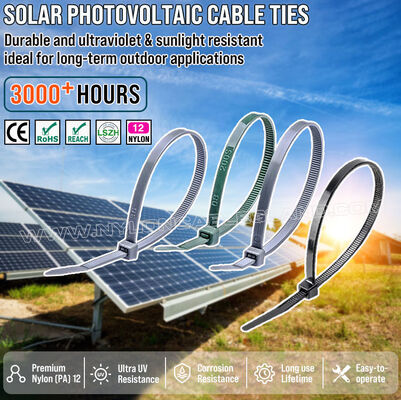 بست کمربندی نایلونی (PA) 12 مقاوم در برابر اشعه ماوراء بنفش 300 میلی‌متر در 4.8 (Ø 3-80 میلی‌متر)، مقاومت عالی در برابر نمک و مواد شیمیایی، برای صنعت فتوولتائیک خورشیدی