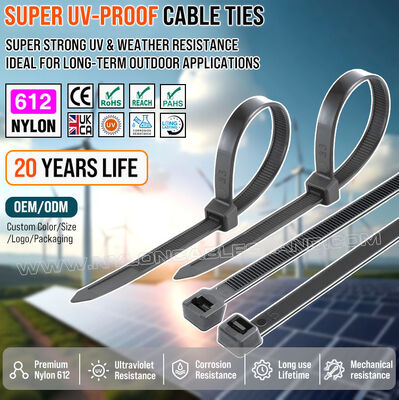 بند کابل بست کابل بست کابلی بست کمربندی نایلونی مشکی ۶۱۲ (پلی‌آمید ۶۱۲، PA612)، مقاوم در برابر اشعه ماوراء بنفش و آب و هوا، 350mmx7.6mm، برای تأسیسات خورشیدی در فضای باز