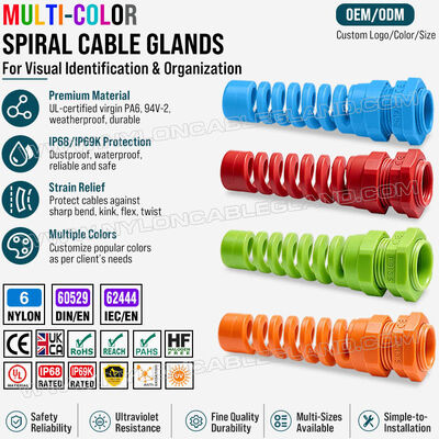 غده کابل تخفیف تنش رنگی نایلون 6 (پلی آمید 6/PA6) ، PG13.5 (Ø 6-12mm & 5-9mm) ، IP68 & IP69K، برای شناسایی و سازمان کابل