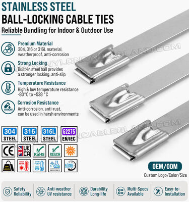 بست کابلی بند کابل بست کابل بدون پوشش فولاد ضد زنگ نوع 316L، 316، 304، عرض ۱۲ میلی‌متر × طول ۳۵۰ تا ۱۱۰۰ میلی‌متر، ۶۷۵ پوند (۳۰۶ کیلوگرم / ۳۰۰۰ نیوتن)، مناسب برای تولیدات صنعتی و ماشین‌آلات