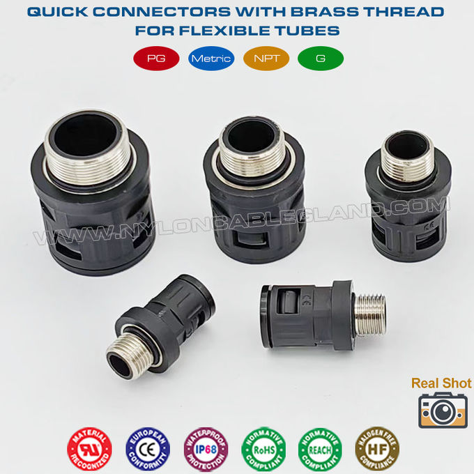 اتصالات سریع نایلونی RAL9005 مشکی با رزوه متریک فلزی M12~M63 برای لوله های راه راه AD10~AD54.5
