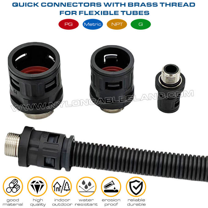 اتصالات پلاستیکی ضد آب RAL9005 مشکی با رزوه متریک فلزی M12~M63 برای شیلنگ های راه راه AD10~AD54.5