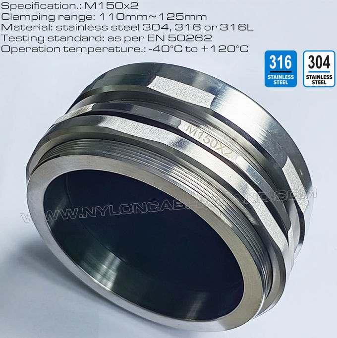 کانکتور گلند کابل استیل ضد زنگ 304/316 M150x2 برای کابلهای بزرگ 110 تا 125 میلیمتر
